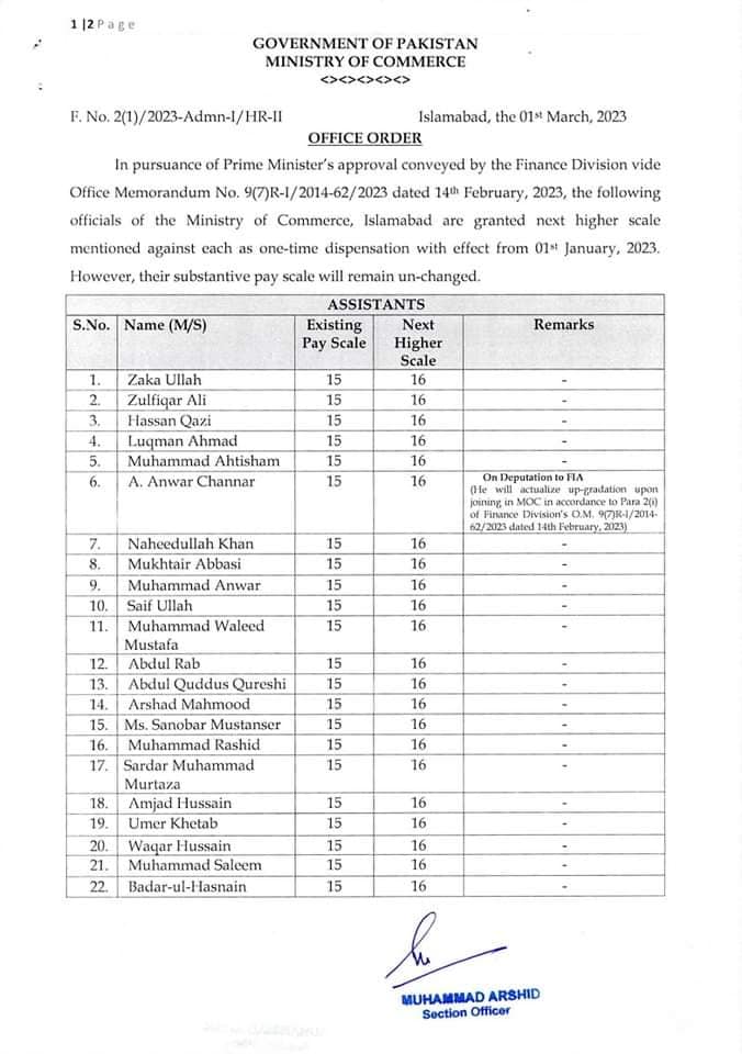 By Name Notification Grant Higher Scale Up-gradation Ministry of Commerce