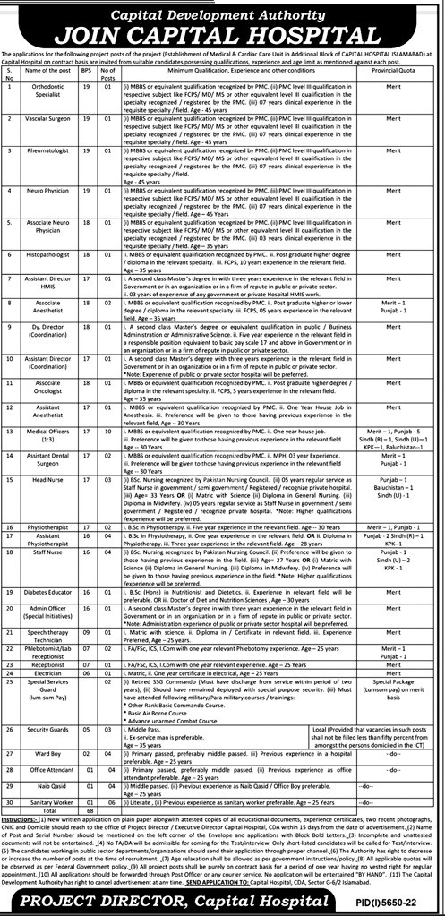 Capital Hospital Islamabad Vacancies March 2023