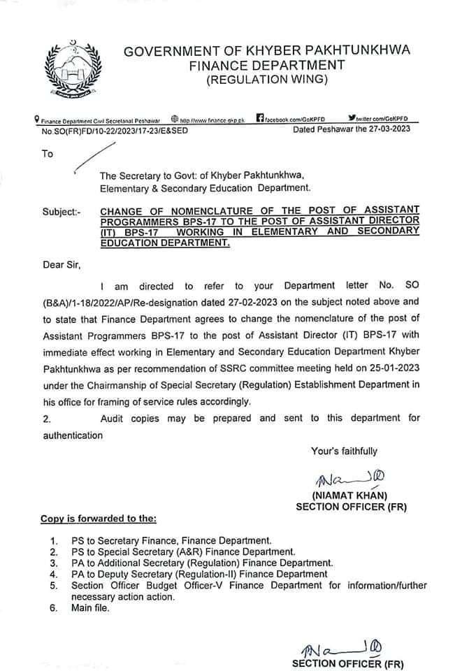 Change of Nomenclature of the Post of Assistant Programmer BPS-17 KPK