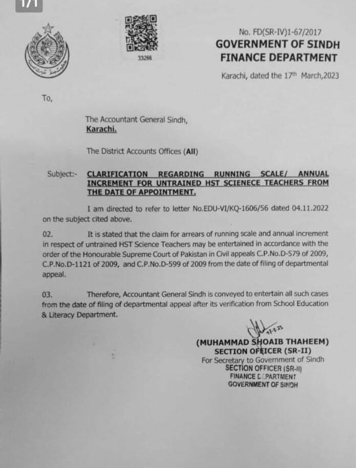 Clarification Regarding Annual Increment Running Scale for Untrained HST Science Teachers