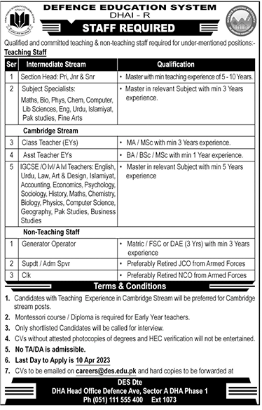 Teaching / Non-Teaching Jobs in Defence Education System 2023