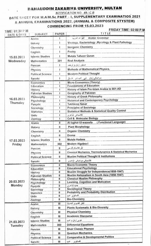 Date Sheet MA / MSc Part-I Supplementary Exams 2021 & 2023 BZU