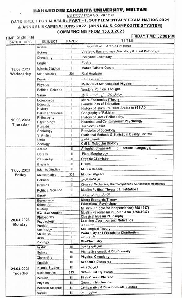 Date Sheet MA / MSc Part-I Supplementary Exams 2021 & 2023 BZU