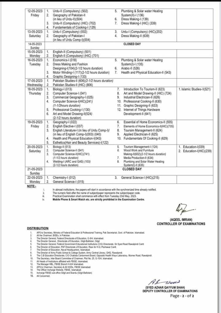 Federal Board Islamabad 9th and 10th Date Sheet 2023