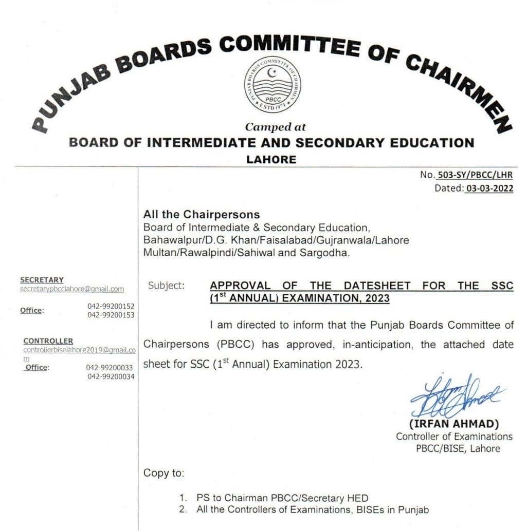 Final Date Sheet SSC (1st Annual) Examinations 2023 All Punjab Education Boards