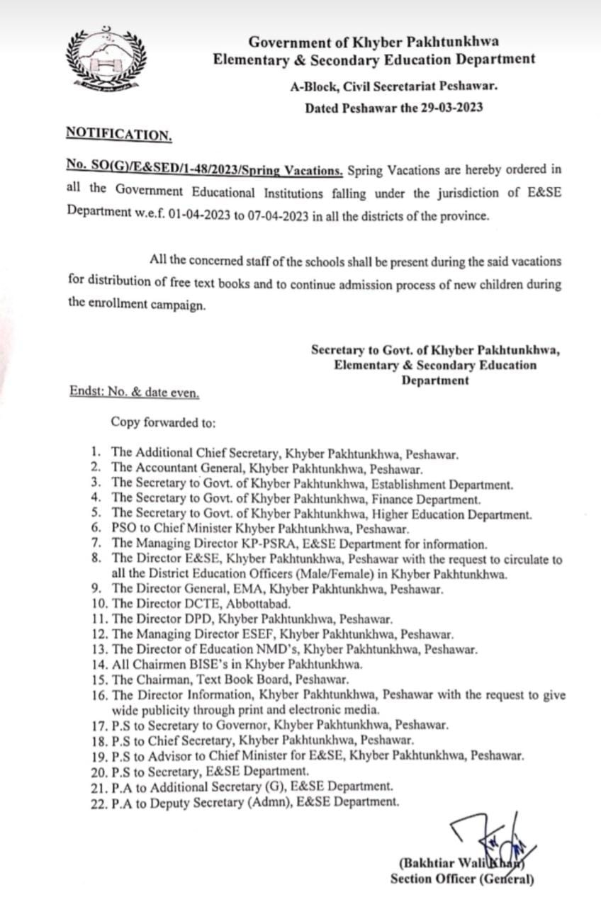 Notification Spring Vacation (Holidays) 2023 Education Department KPK