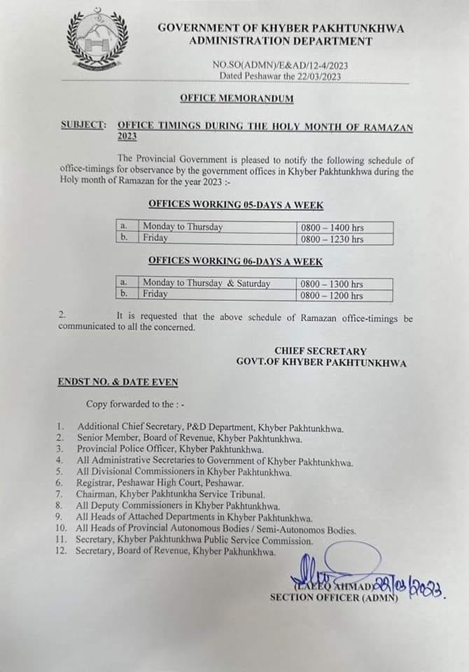 KPK Government Notification of Ramazan ul Mubarak 2023