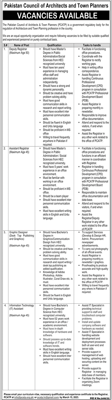 Latest Vacancies in Pakistan Council Architects and Town Planners