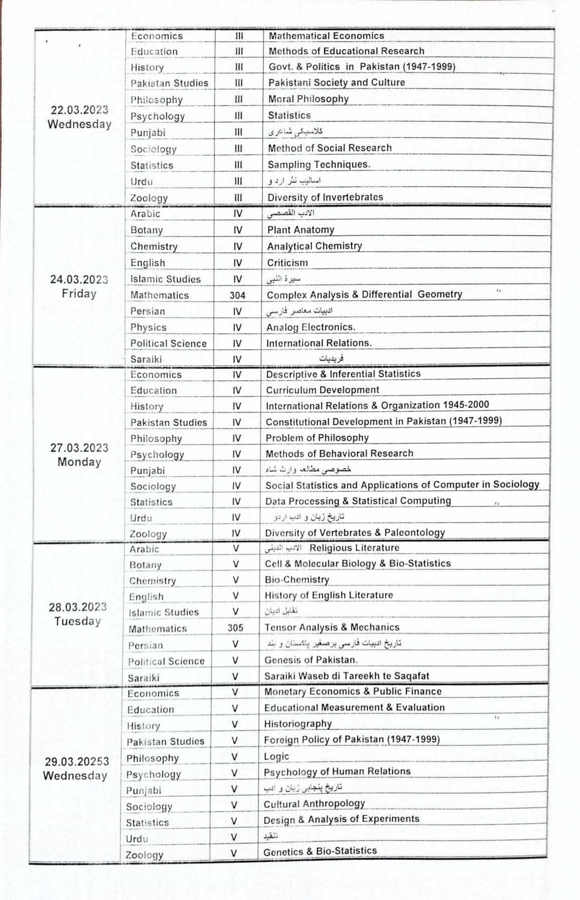 Date Sheet MA / MSc Part-I Supplementary Exams 2021 & 2023 BZU Multan