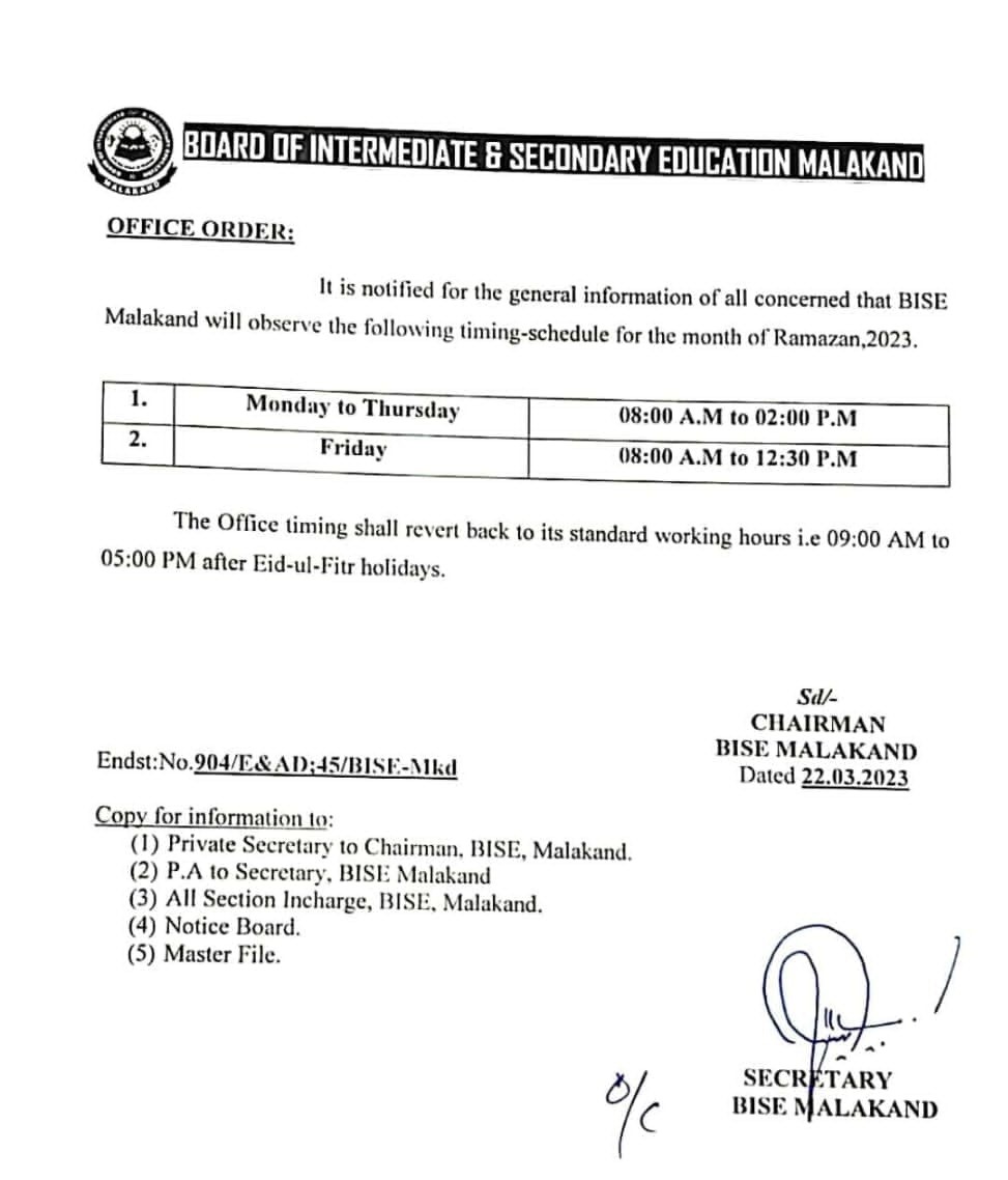 Malakand Board timings in Ramzan