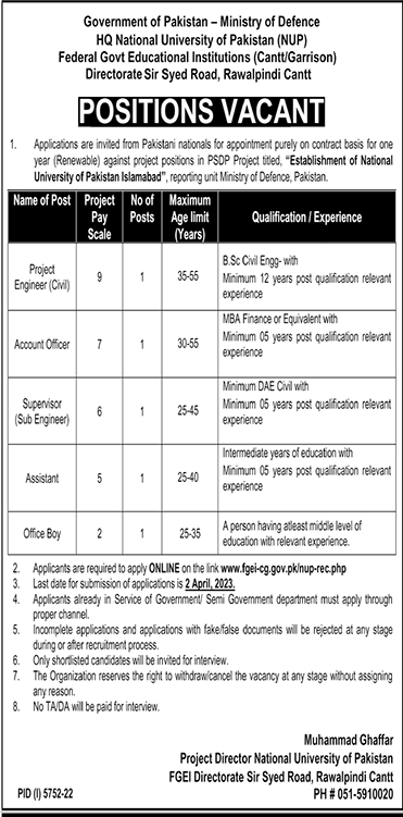 Vacancies in National University of Pakistan (NUP) FGEI (Cantt/Garrison) 