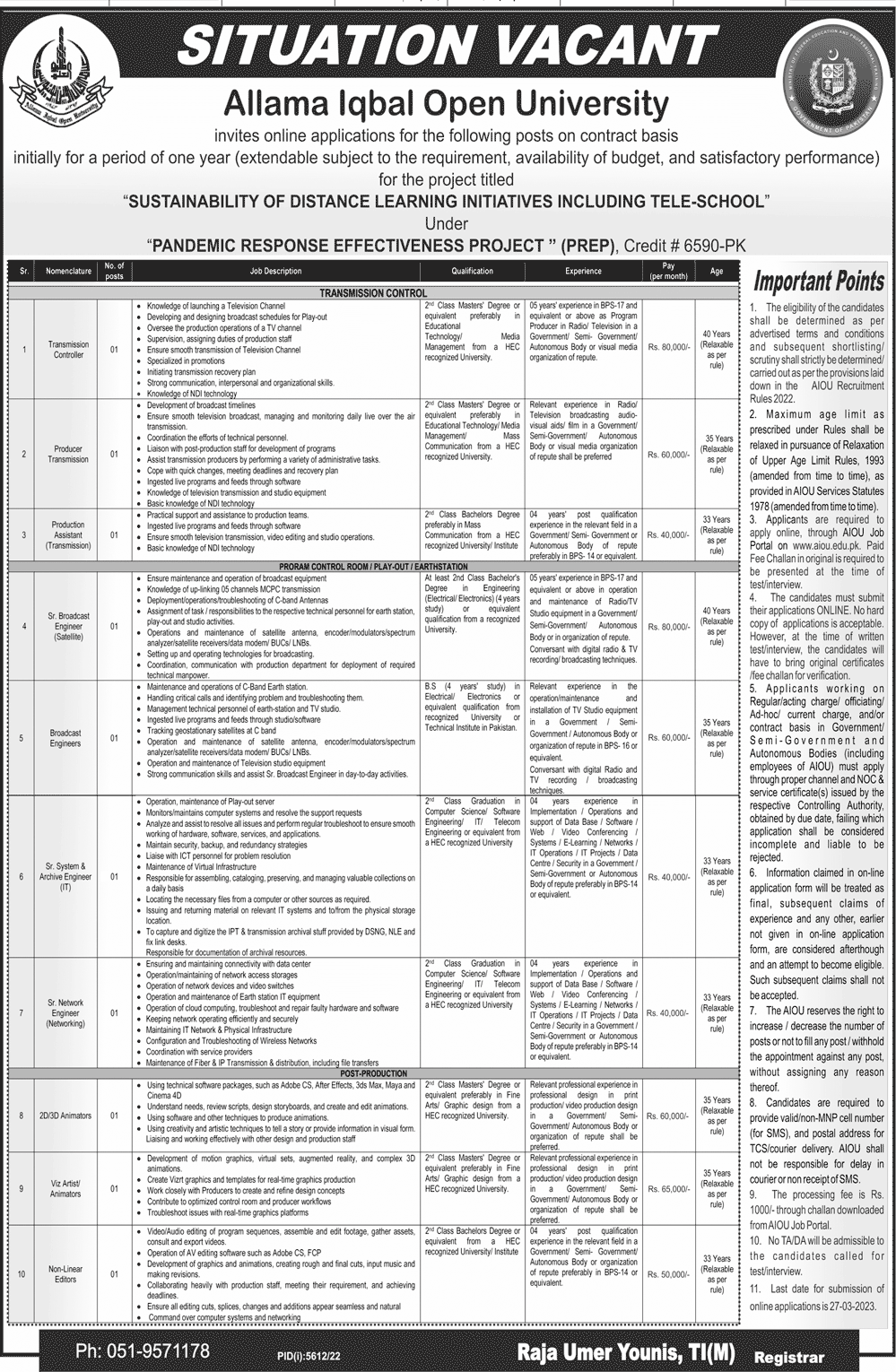 New Vacancies in AIOU Islamabad 2023