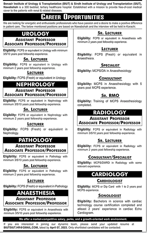 New Vacancies in Benazir Institutes of Urology & Transplantation (BIUT)