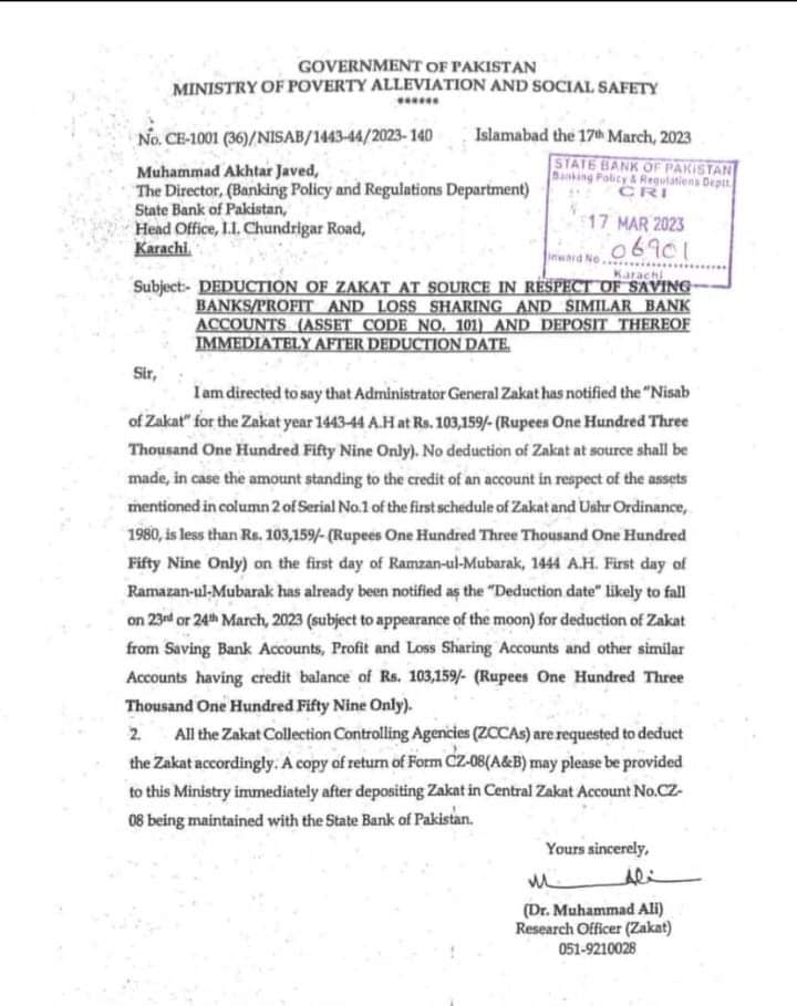 Nisab of Zakat 2023 (Deduction of Zakat) At Savings Banks / Profit Loss Accounts