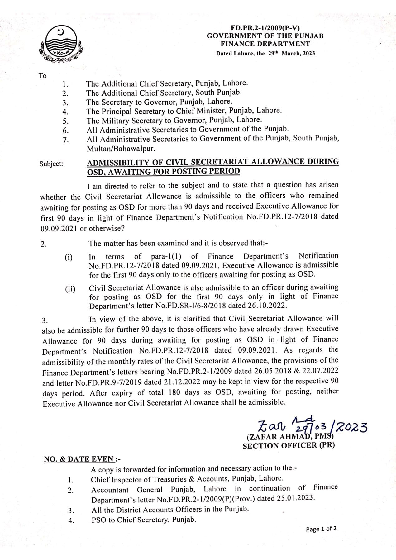 Notification Admissibility of Civil Secretariat Allowance during OSD