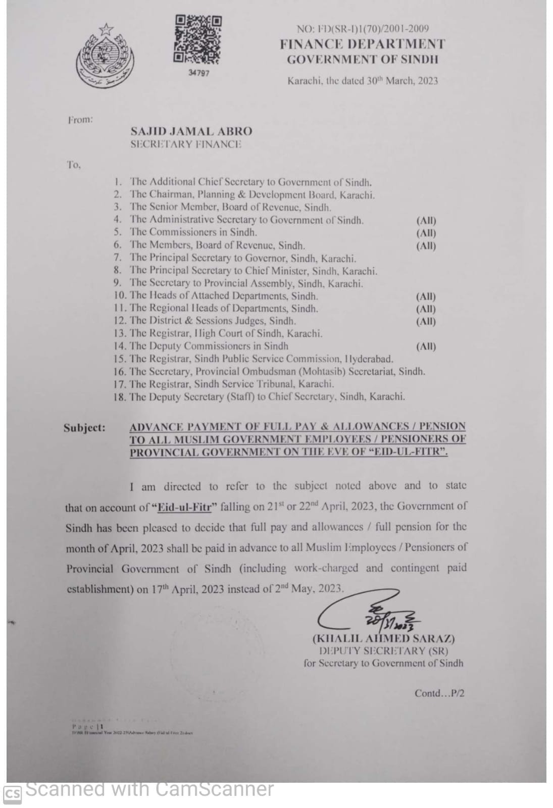 Notification Advance Salary and Pension on 17th April 2023 Sindh