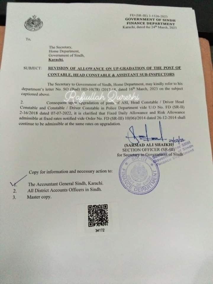 Notification Revised Fixed Daily Allowance and Risk Allowance 2023 Sindh