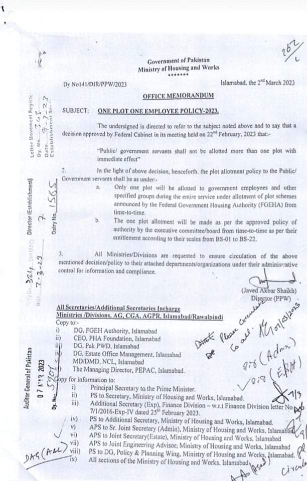 Notification of One Plot One Employee Policy 2023