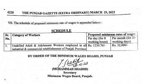 Notification Draft Minimum Wage Rates 2023 Rs. 32000/- Per Month 
