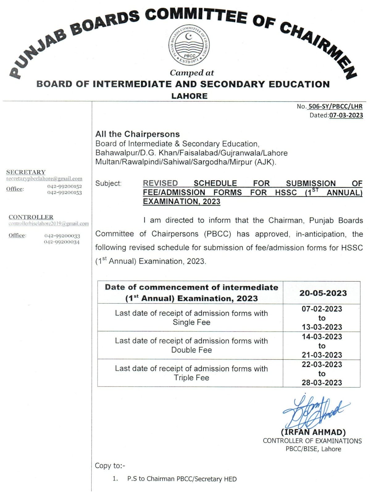 Revised Schedule for Submission Fee and Admission Forms HSSC 2023