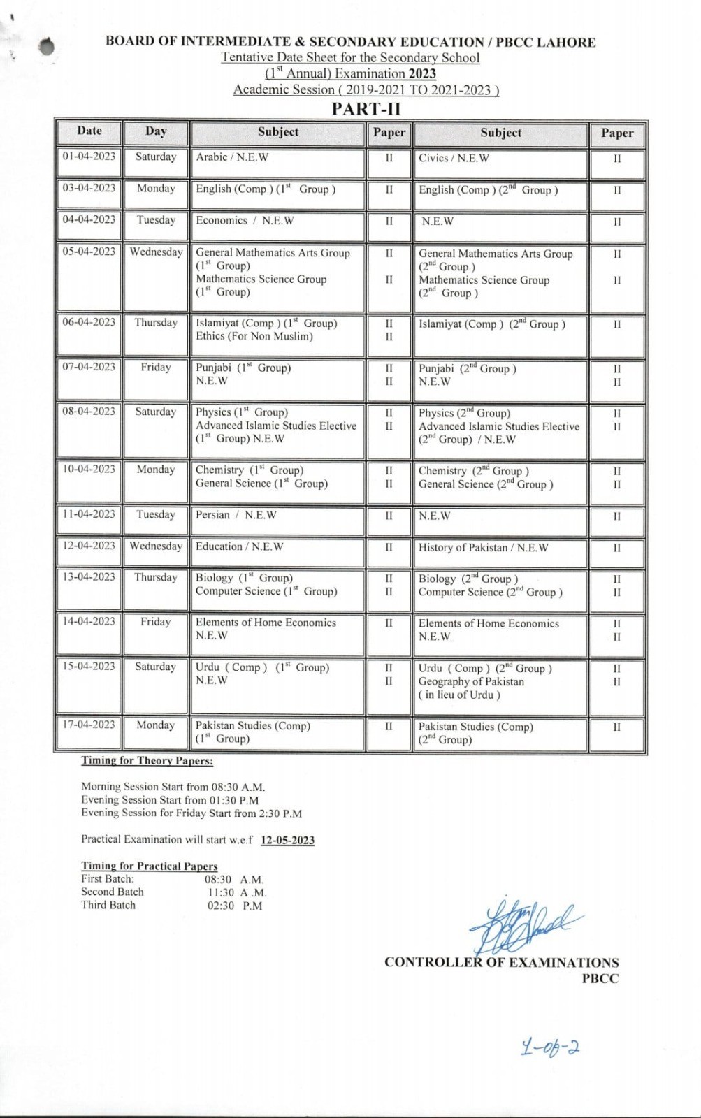 SSC Part-II Date Sheet 2023 First Annual