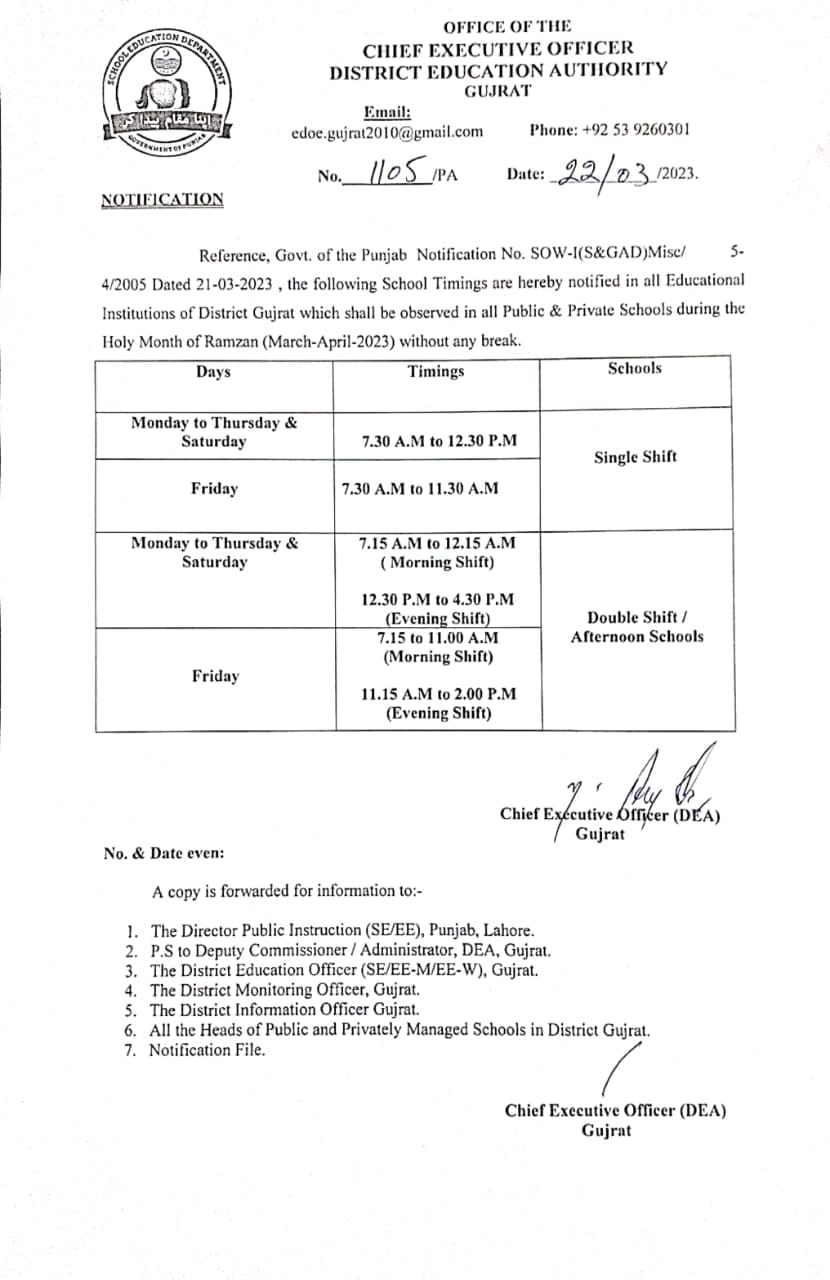 School Timings during the Holy Month of Ramazan2023