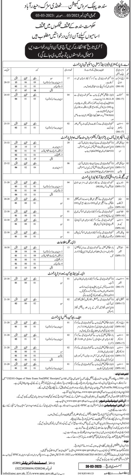 Sindh Public Service Commission SPSC Job Vacancies Ad No. 03 of 2023