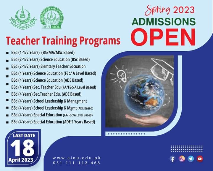Teachers Training Programs Admissions Spring 2023 AIOU