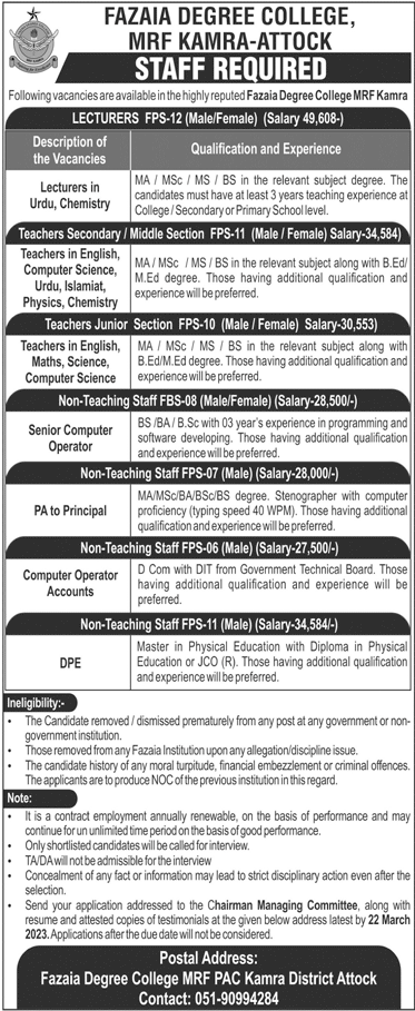 Teaching and Non-Teaching Vacancies Fazaia Degree College Kamra Attock