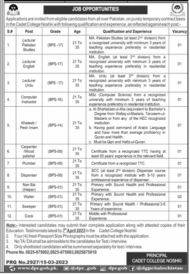 Teaching and Non-Teaching jobs in Cadet College Noshki,Balochistan