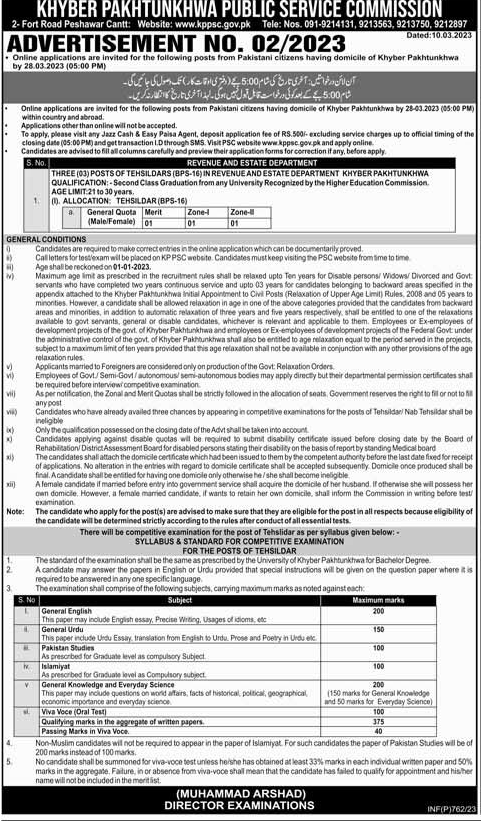 Tehsildars BPS-16 Vacancies through KPPSC