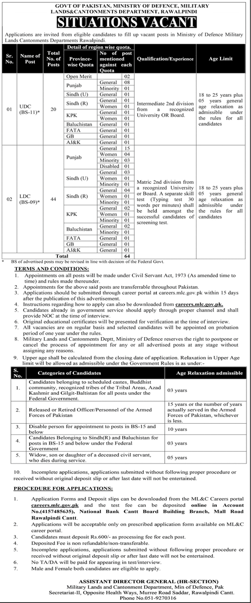 UDC and LDC Latest Vacancies in Military Lands and Cantonments Department