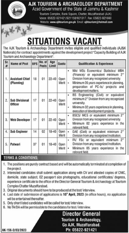 Vacancies in AJK Tourism & Archaeology Department 2023