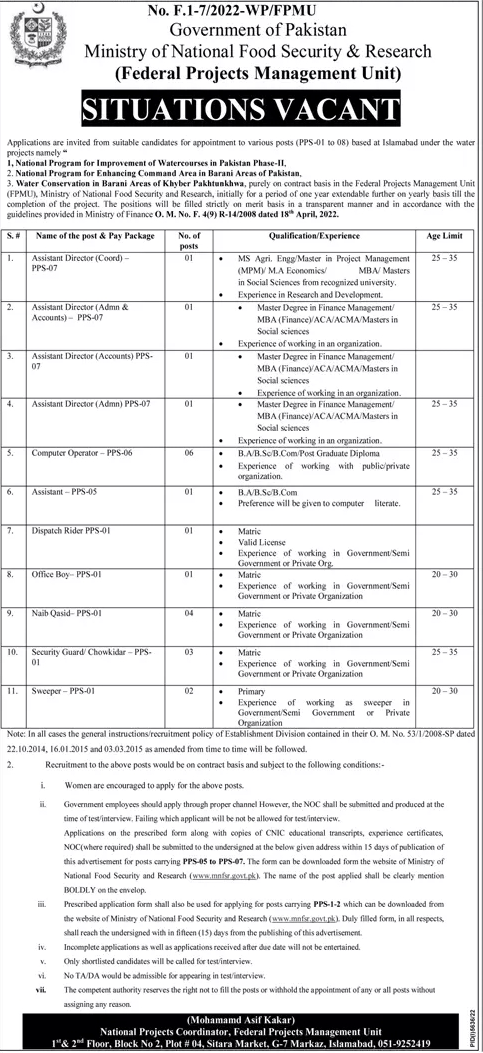 Vacancies in Ministry of National Food Security & Research
