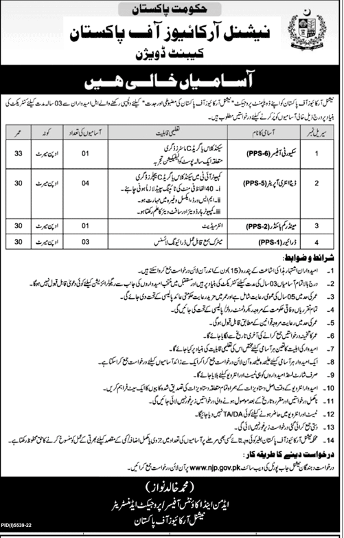 Vacancies in National Archives of Pakistan Cabinet Division 2023
