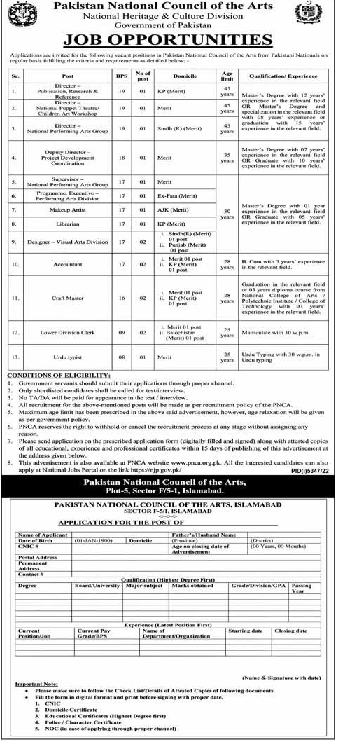 Vacancies in Pakistan National Council of the Arts 2023