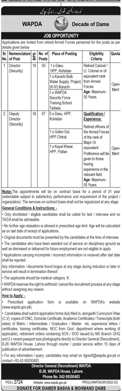 Vacancies in WAPDA for Retired Armed Forces Personals