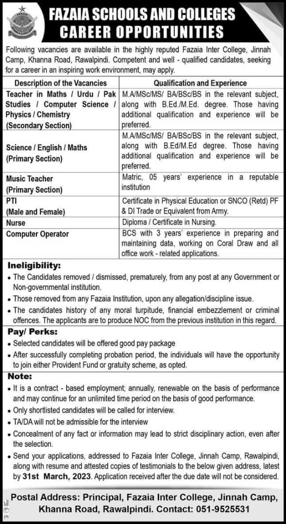 Vacancies of Teaching and Non- Teaching Staff in Fazaia Inter College Rawalpindi