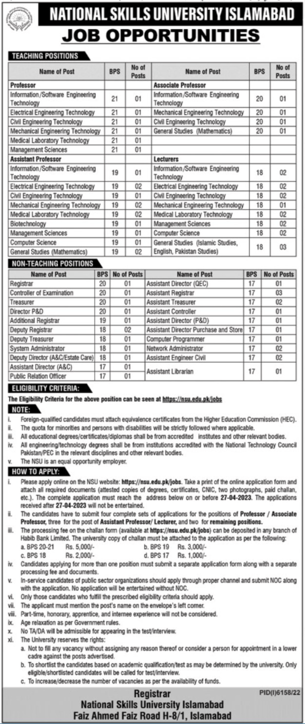 BPS-17 to BPS-21 Vacancies in National Skills University Islamabad