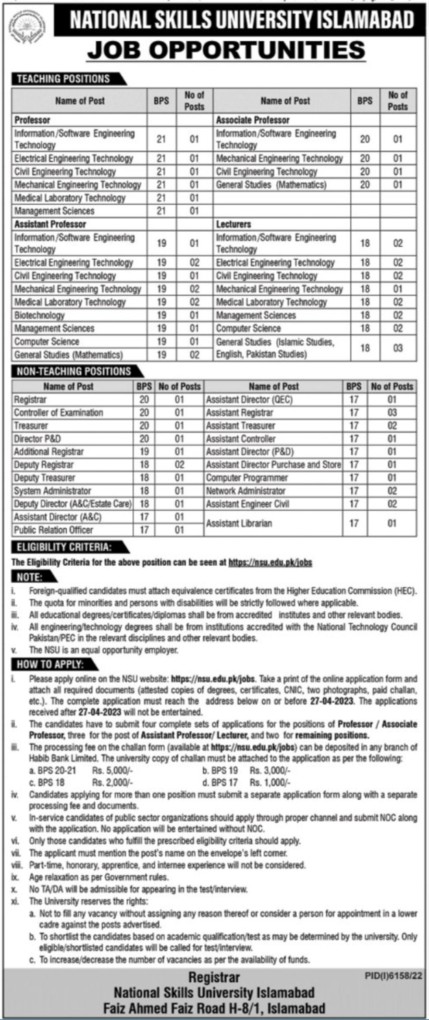 Vacancies in National Skills University Islamabad BPS-17 to BPS-21