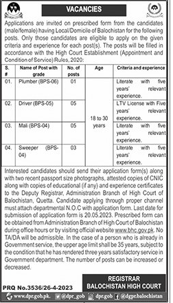 Balochistan High Court Latest Vacancies 2023