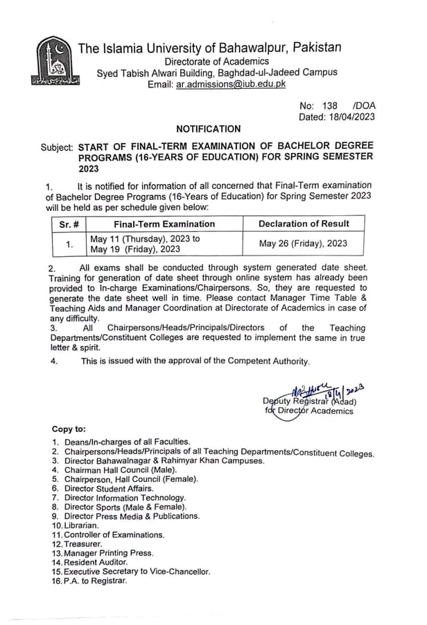  Date of Final Term Examination BS Program Spring Semester 2023 IUB