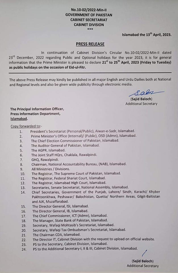 Notation of Eid-ul-Fitr 2023 Holidays Federal Government