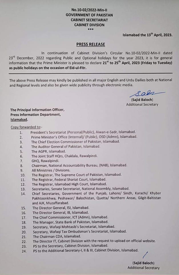 Eid-ul-Fitr 2023 Holidays Federal Government • Govt Jobs & Employees