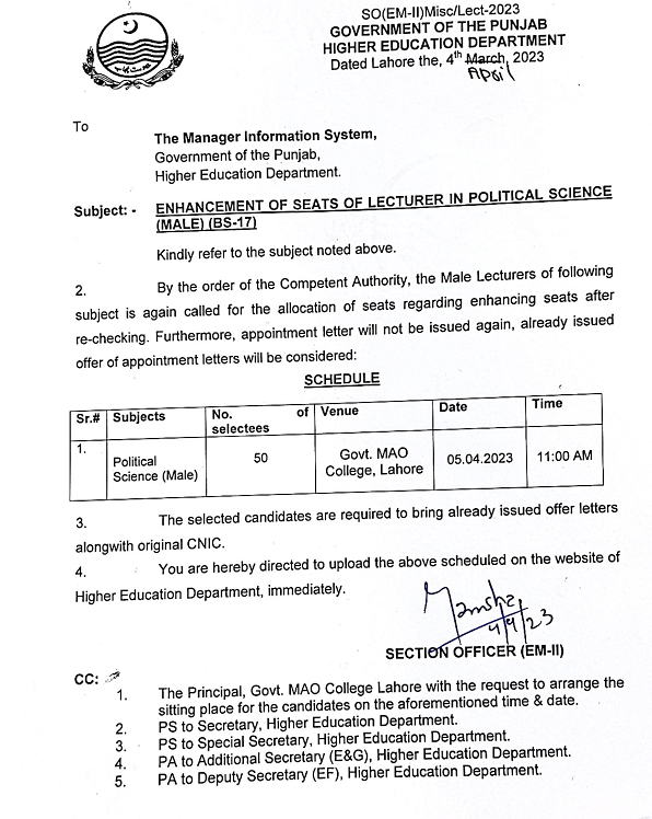 Enhancement of Seats of Lecturer in Political Science HED