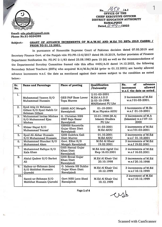 Grant of Advanced Increments of MA M.Sc and M.Ed to SSTs