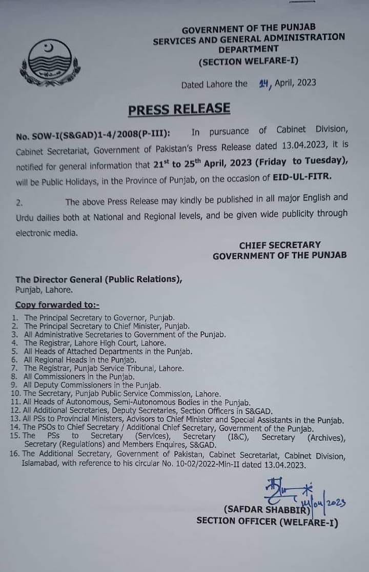 Notification of Eid-ul- Fitr Holidays 2023 Punjab Employees