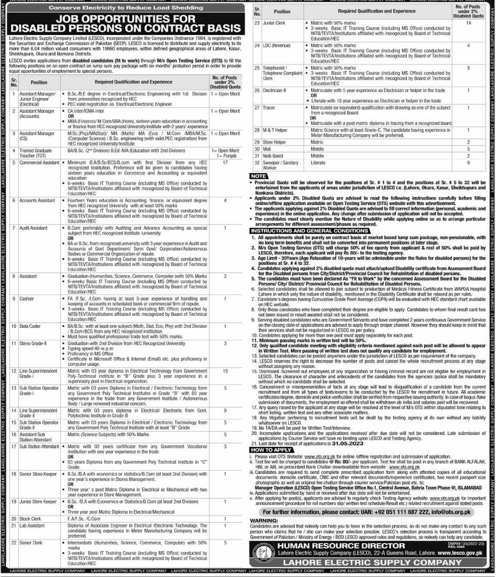 Job Opportunities on Contract Basis in LESCO through OTS for Disable Persons