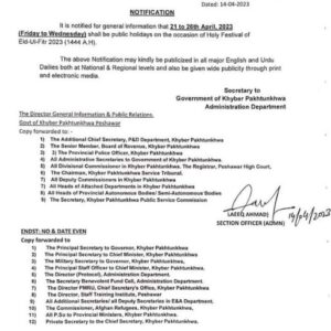 Notification Eid-ul-Fitr Holidays 2023 by KPK Government