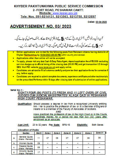 KPPSC Vacancies in Peshawar High Court Ad No. 03 of 2023